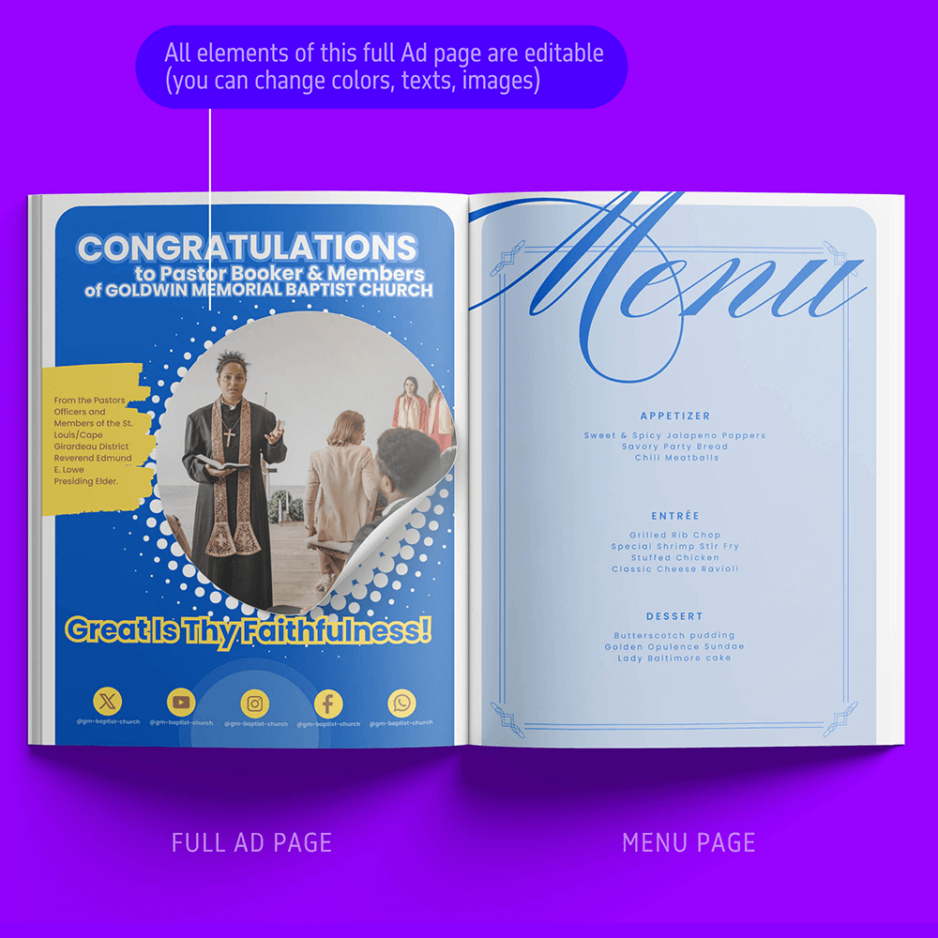 church souvenir book ad menu page