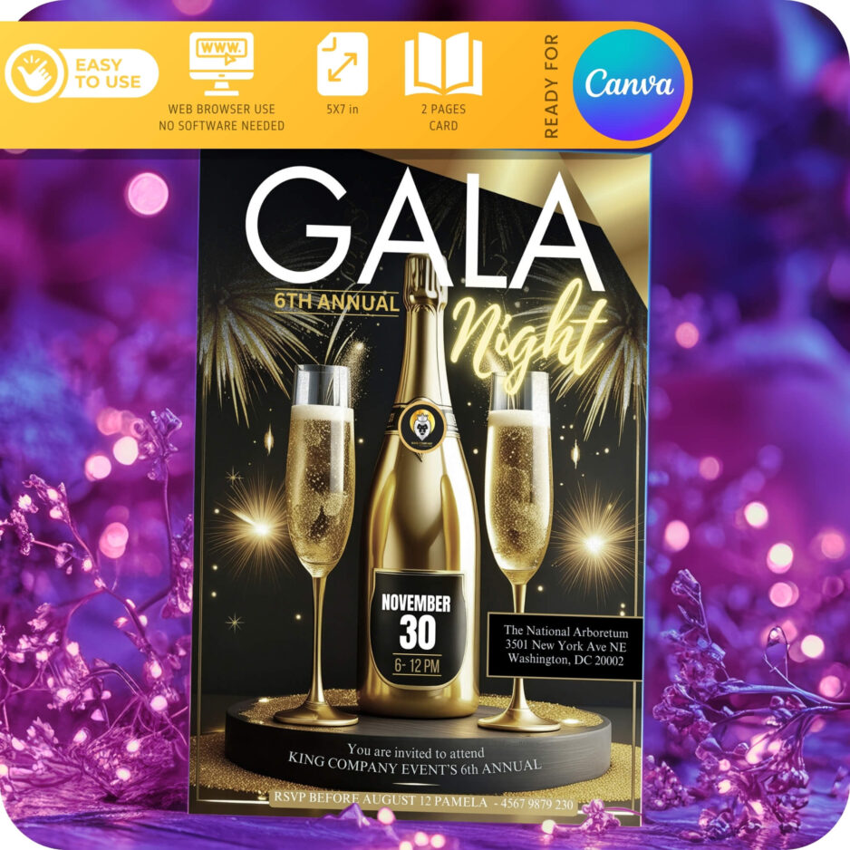 Gala Night Party Invitation Card | Gold Champagne